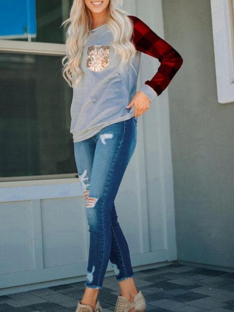 Check Sleeve Stitching Sequin Pocket T-shirt - T-shirts - INS | Online Fashion Free Shipping Clothing, Dresses, Tops, Shoes - 20-30 - 21/07/2021 - color-gray