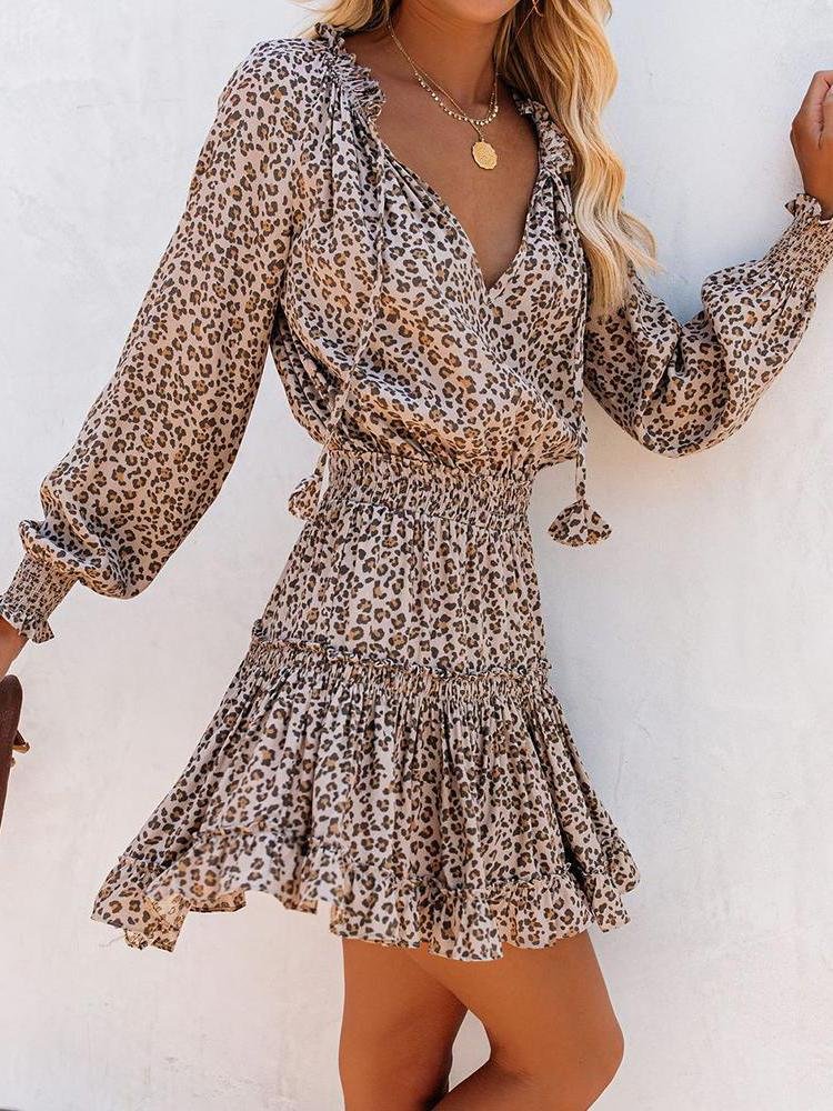 Cheetah Print Ruffles Long Sleeve Dress - Mini Dresses - INS | Online Fashion Free Shipping Clothing, Dresses, Tops, Shoes - 28/04/2021 - Category_Mini Dresses - Color_Leopard
