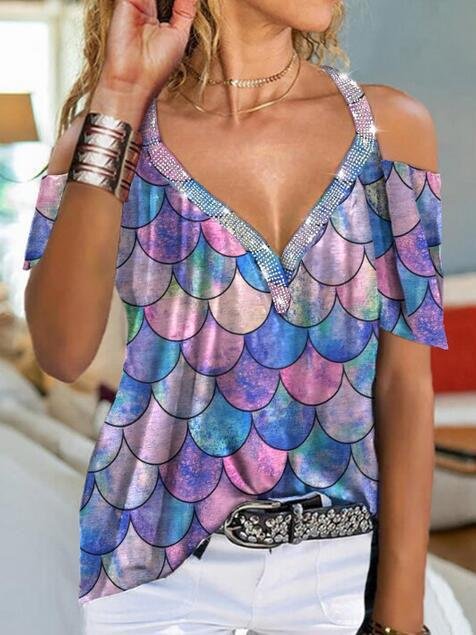 Chic V-neck Off-shoulder Short-sleeved Printed Top - T-shirts - INS | Online Fashion Free Shipping Clothing, Dresses, Tops, Shoes - 04/06/2021 - Color_Black - Color_Purple