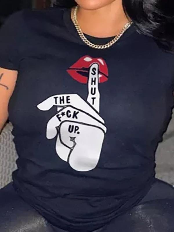 Chic Women Black Lip Hand Print Short T-shirt - T-Shirts - INS | Online Fashion Free Shipping Clothing, Dresses, Tops, Shoes - 26/04/2021 - Color_Black - Season_Summer