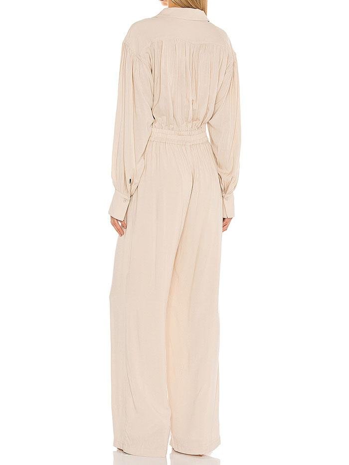 Chiffon Long Sleeve Shirt Ruched Waist Romper - Jumpsuits & Rompers - INS | Online Fashion Free Shipping Clothing, Dresses, Tops, Shoes - 24/04/2021 - Color_Beige - JUM210424010