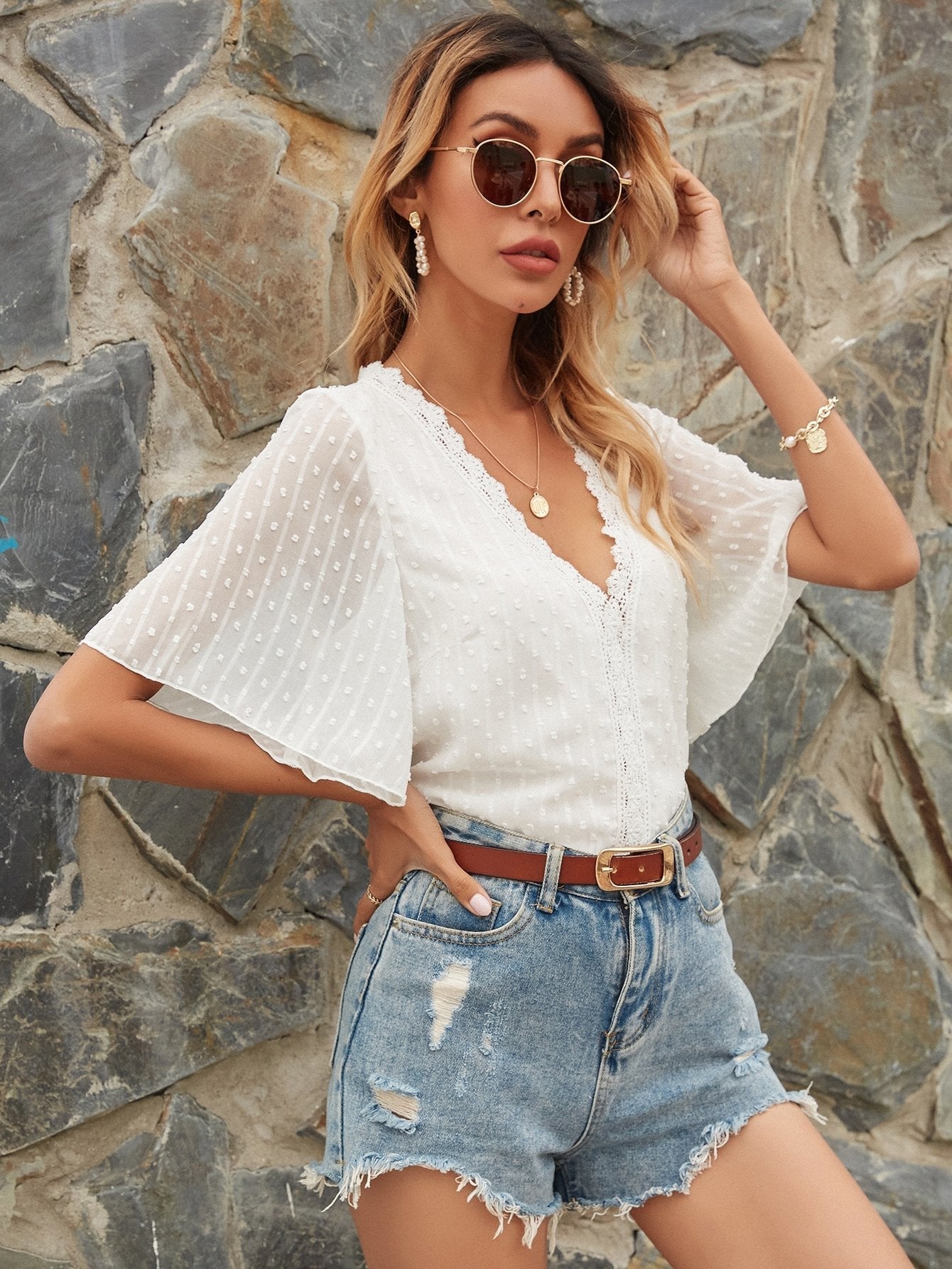 Chiffon Loose Solid Color Dot Butterfly Sleeves Blouse - Blouses - INS | Online Fashion Free Shipping Clothing, Dresses, Tops, Shoes - 14/05/2021 - 140521 - Category_Blouses