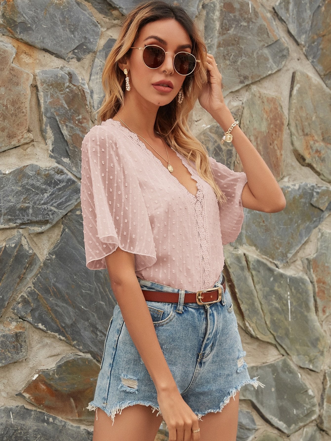 Chiffon Loose Solid Color Dot Butterfly Sleeves Blouse - Blouses - INS | Online Fashion Free Shipping Clothing, Dresses, Tops, Shoes - 14/05/2021 - 140521 - Category_Blouses