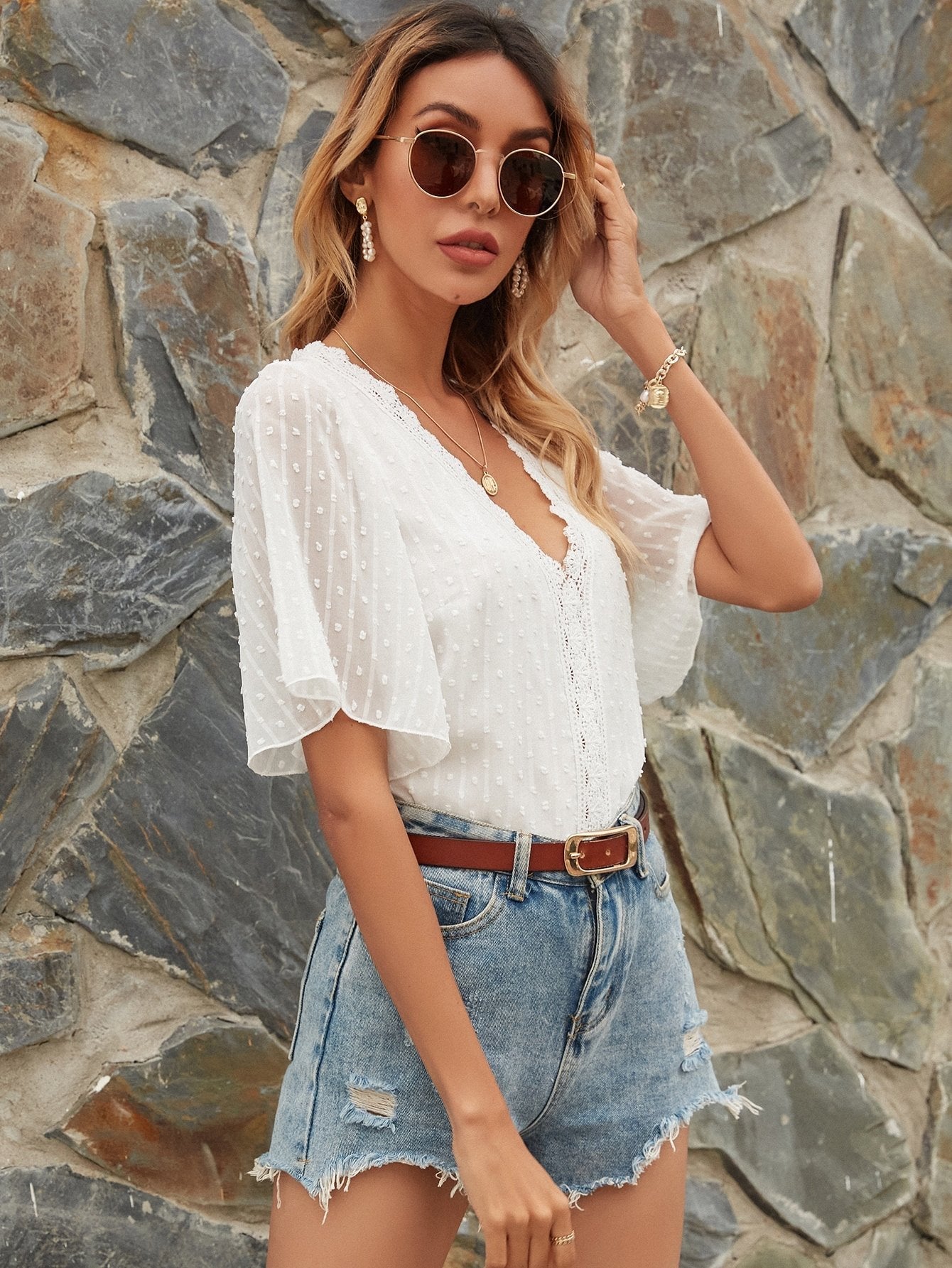 Chiffon Loose Solid Color Dot Butterfly Sleeves Blouse - Blouses - INS | Online Fashion Free Shipping Clothing, Dresses, Tops, Shoes - 14/05/2021 - 140521 - Category_Blouses