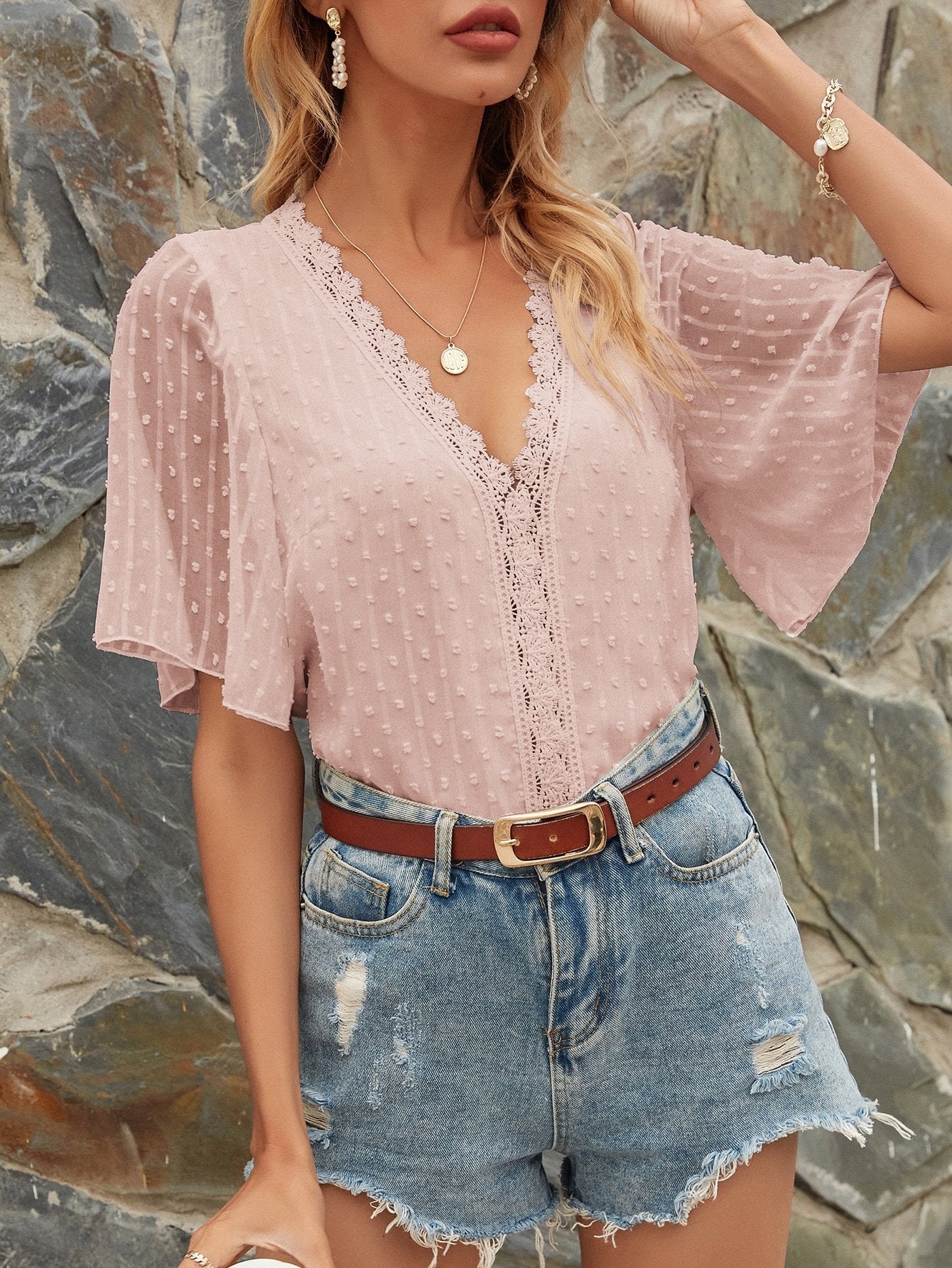 Chiffon Loose Solid Color Dot Butterfly Sleeves Blouse - Blouses - INS | Online Fashion Free Shipping Clothing, Dresses, Tops, Shoes - 14/05/2021 - 140521 - Category_Blouses