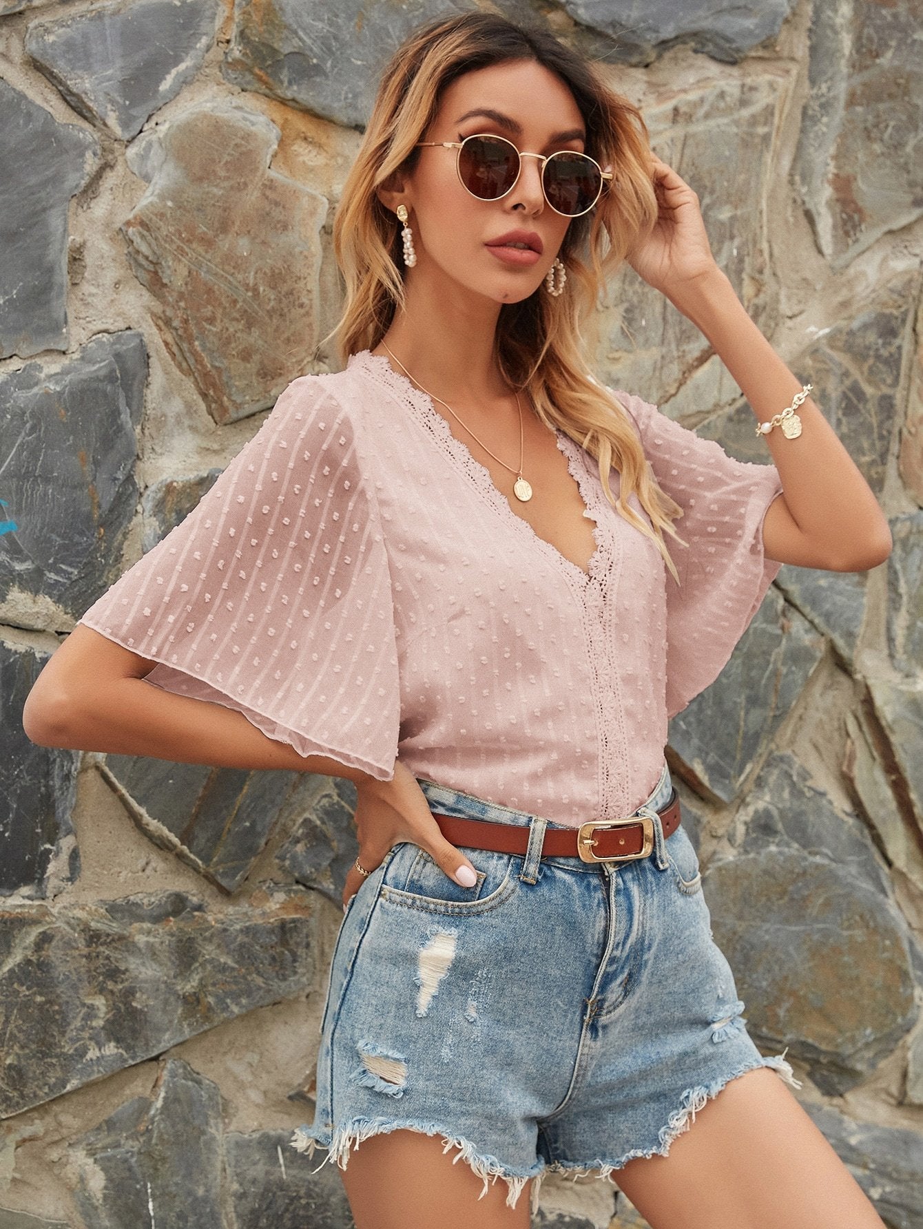 Chiffon Loose Solid Color Dot Butterfly Sleeves Blouse - Blouses - INS | Online Fashion Free Shipping Clothing, Dresses, Tops, Shoes - 14/05/2021 - 140521 - Category_Blouses