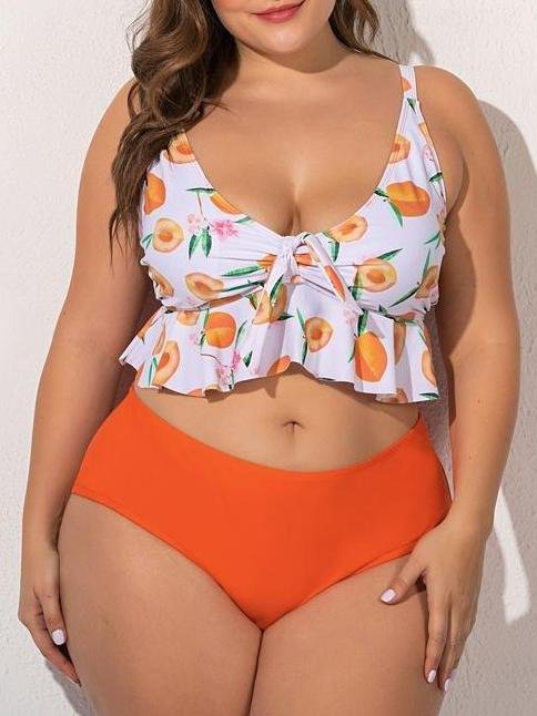 Chiffon Plus Size Printed Ruffled High Waist Swimsuit - Plus Swimsuits - INS | Online Fashion Free Shipping Clothing, Dresses, Tops, Shoes - 22/04/2021 - Catagory_Plus Swimsuits - Color_Yellow