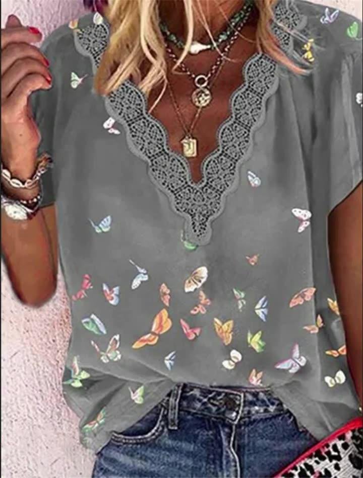 Chiffon V-Neck Printed Short Sleeve T-Shirts - T-Shirts - INS | Online Fashion Free Shipping Clothing, Dresses, Tops, Shoes - 08/07/2021 - 20-30 - Category_T-Shirts