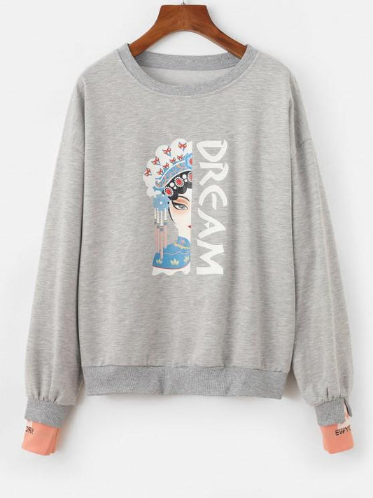 Chinoiserie Peking Opera Graphic Marled Sweatshirt - INS | Online Fashion Free Shipping Clothing, Dresses, Tops, Shoes