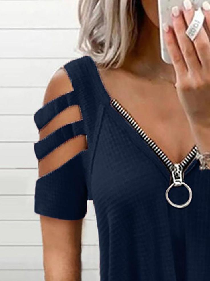 Cold Shoulder Cutout Sleeve Zip Front Top - INS | Online Fashion Free Shipping Clothing, Dresses, Tops, Shoes - -