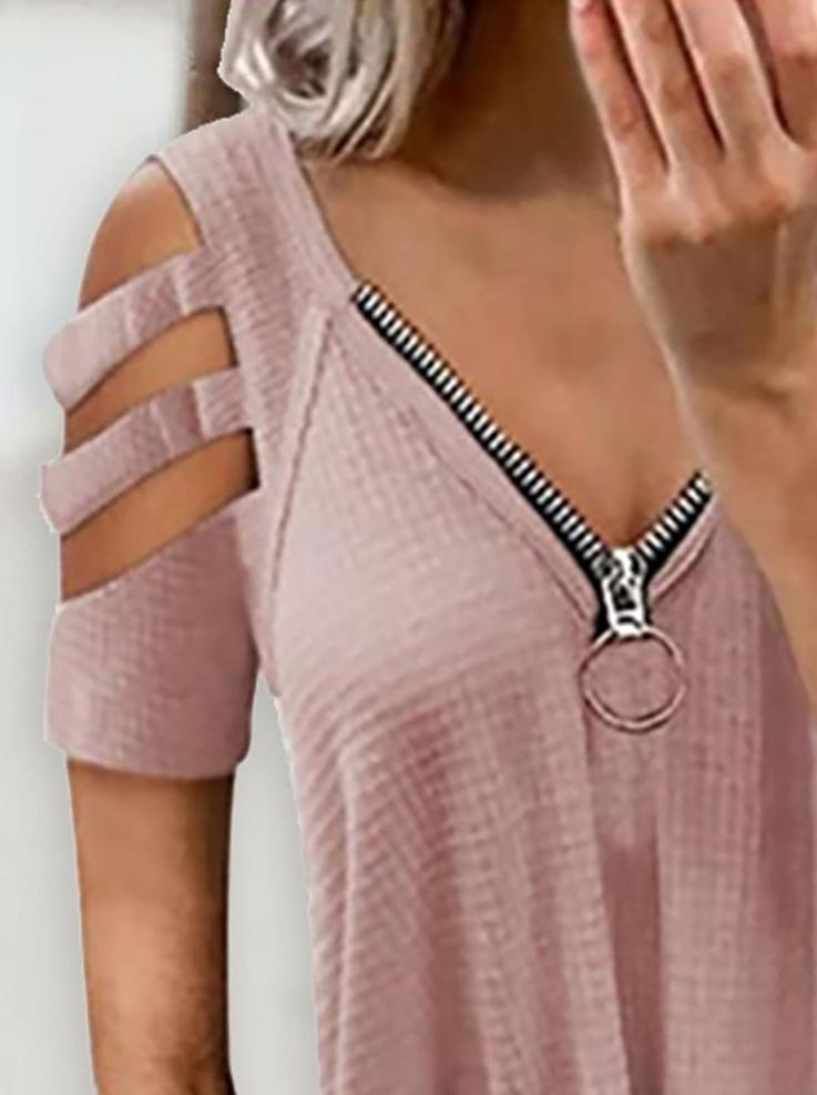 Cold Shoulder Cutout Sleeve Zip Front Top - INS | Online Fashion Free Shipping Clothing, Dresses, Tops, Shoes - -