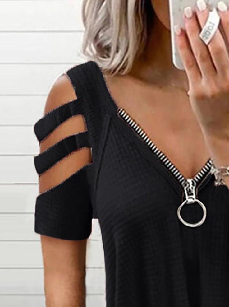 Cold Shoulder Cutout Sleeve Zip Front Top - INS | Online Fashion Free Shipping Clothing, Dresses, Tops, Shoes - -