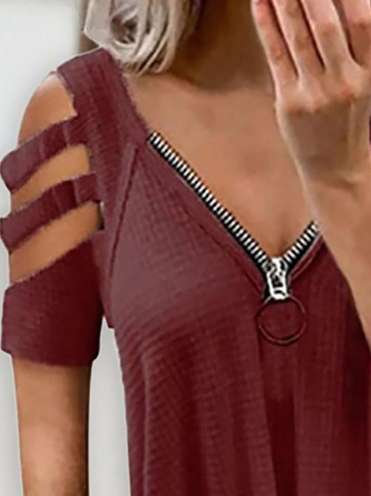 Cold Shoulder Cutout Sleeve Zip Front Top - INS | Online Fashion Free Shipping Clothing, Dresses, Tops, Shoes - -