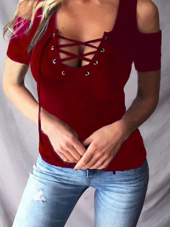 Cold Shoulder Eyelet Lace-up Blouse - T-Shirts - INS | Online Fashion Free Shipping Clothing, Dresses, Tops, Shoes - 27/04/2021 - Color_Black - Color_Red