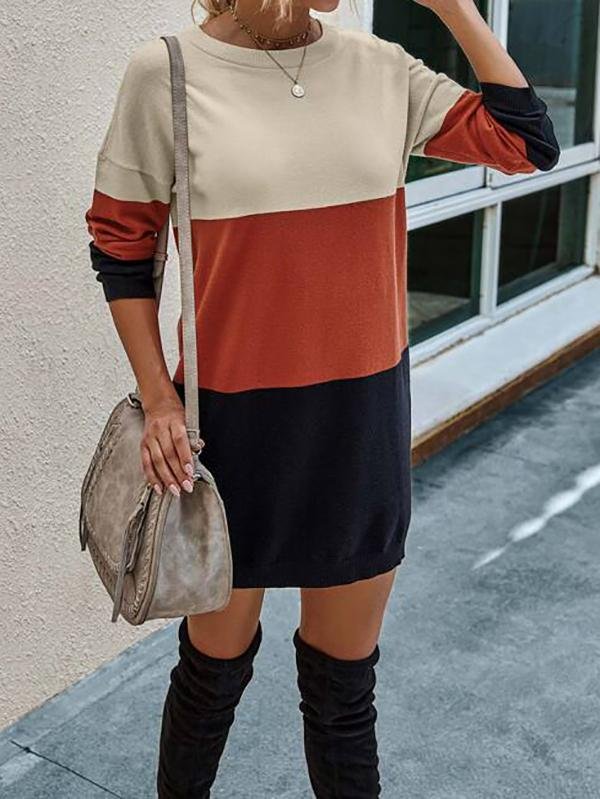 Color Block Drop Shoulder Sweater Dress - Dresses - INS | Online Fashion Free Shipping Clothing, Dresses, Tops, Shoes - 02/02/2021 - Autumn - Casual Dresses