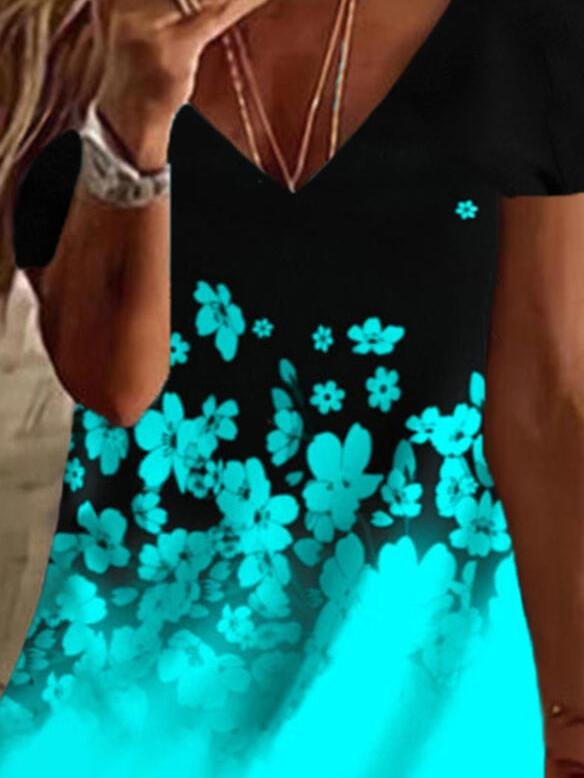 Color Block Floral Print V-Neck Short Sleeves T-shirts - T-shirts - INS | Online Fashion Free Shipping Clothing, Dresses, Tops, Shoes - 13/07/2021 - 20-30 - color-black