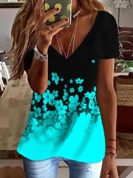 Color Block Floral Print V-Neck Short Sleeves T-shirts - T-shirts - INS | Online Fashion Free Shipping Clothing, Dresses, Tops, Shoes - 13/07/2021 - 20-30 - color-black