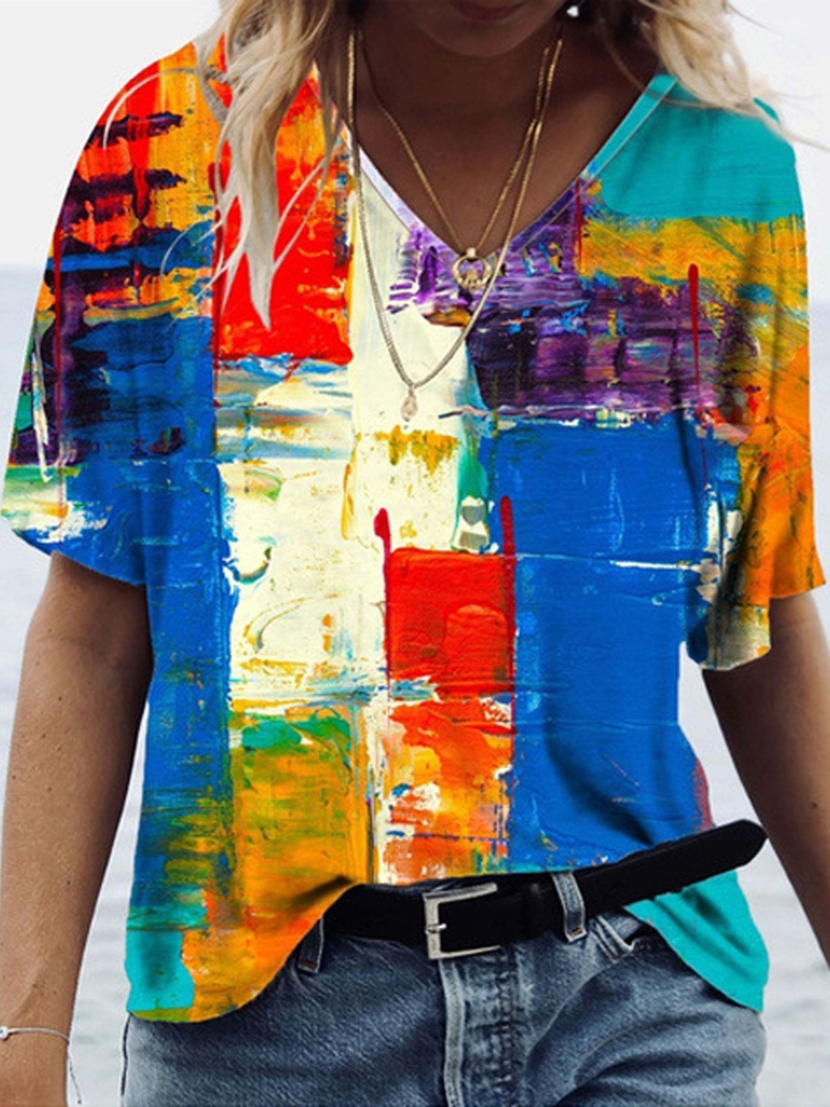 Color Block Printed V-neck Short-sleeved T-shirt - T-shirts - INS | Online Fashion Free Shipping Clothing, Dresses, Tops, Shoes - 07/06/2021 - Color_Blue - Size_2XL