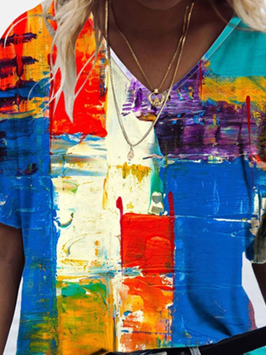 Color Block Printed V-neck Short-sleeved T-shirt - T-shirts - INS | Online Fashion Free Shipping Clothing, Dresses, Tops, Shoes - 07/06/2021 - Color_Blue - Size_2XL