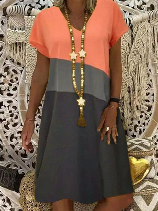 Color Block Short Sleeve V-neck Dress - Mini Dresses - INS | Online Fashion Free Shipping Clothing, Dresses, Tops, Shoes - 07/07/2021 - 20-30 - color-khaki