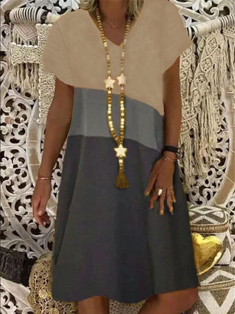 Color Block Short Sleeve V-neck Dress - Mini Dresses - INS | Online Fashion Free Shipping Clothing, Dresses, Tops, Shoes - 07/07/2021 - 20-30 - color-khaki