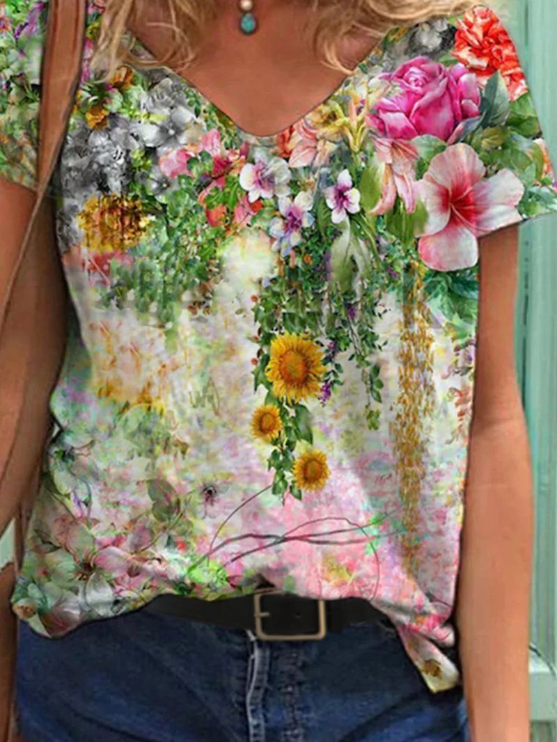 Color Flower Print Short Sleeve V-neck T-shirt - T-Shirts - INS | Online Fashion Free Shipping Clothing, Dresses, Tops, Shoes - 03/06/2021 - Category_T-Shirts - Color_Multicolor