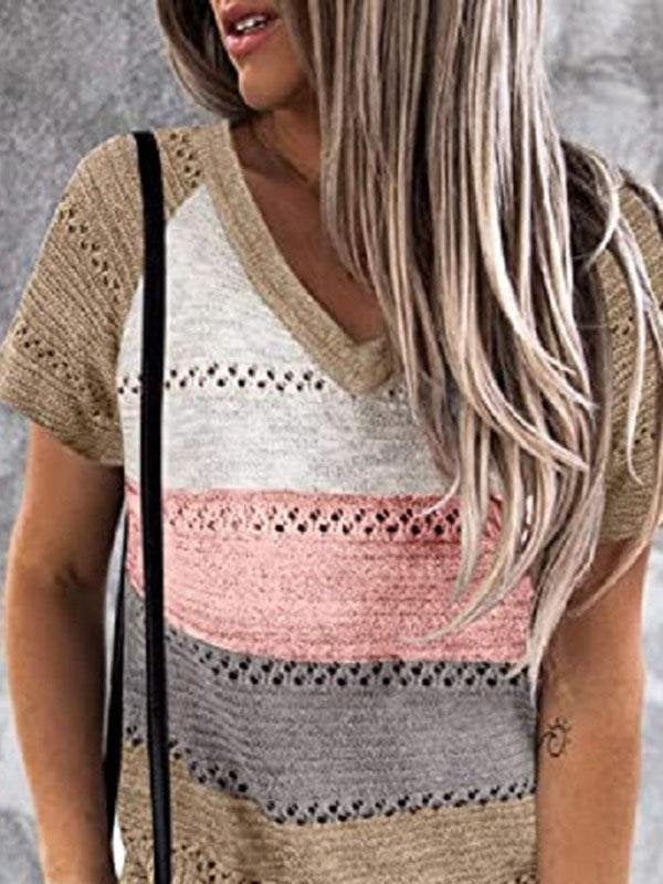 Color-matching Hollow V-neck Knitted T-shirt - T-shirts - INS | Online Fashion Free Shipping Clothing, Dresses, Tops, Shoes - 14/07/2021 - 20-30 - color-black