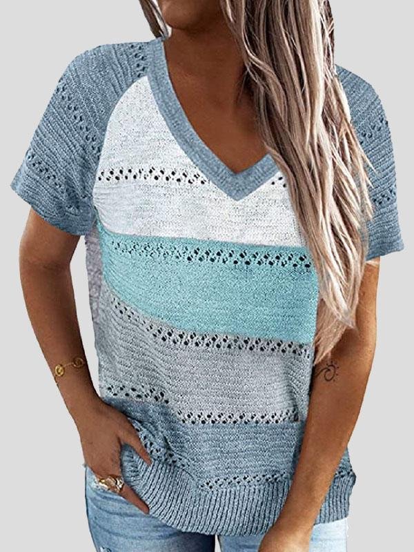 Color-matching Hollow V-neck Knitted T-shirt - T-shirts - INS | Online Fashion Free Shipping Clothing, Dresses, Tops, Shoes - 14/07/2021 - 20-30 - color-black