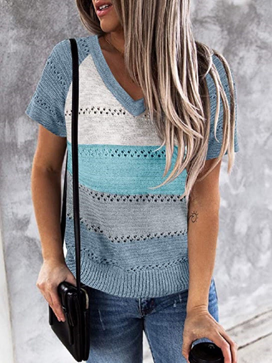 Color-matching Hollow V-neck Knitted T-shirt - T-shirts - INS | Online Fashion Free Shipping Clothing, Dresses, Tops, Shoes - 14/07/2021 - 20-30 - color-black