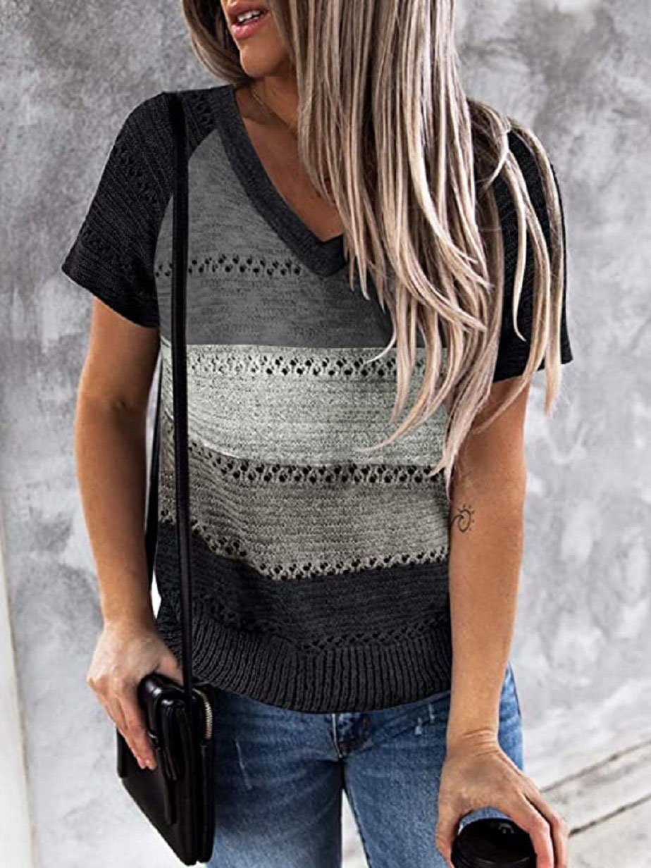 Color-matching Hollow V-neck Knitted T-shirt - T-shirts - INS | Online Fashion Free Shipping Clothing, Dresses, Tops, Shoes - 14/07/2021 - 20-30 - color-black
