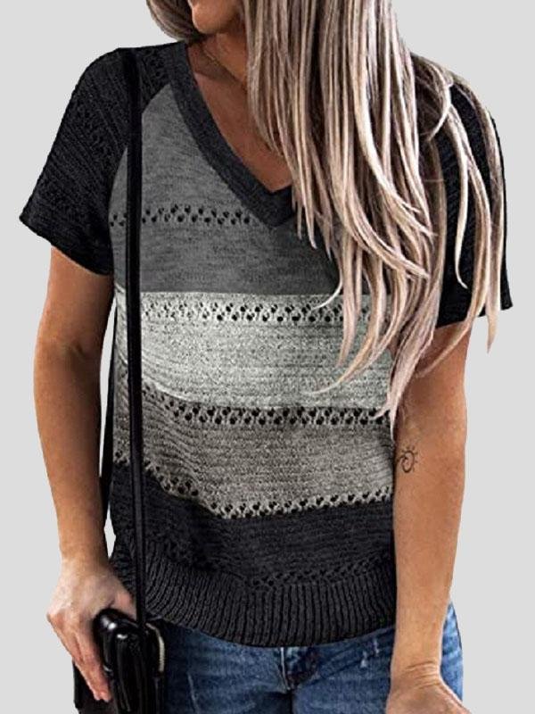 Color-matching Hollow V-neck Knitted T-shirt - T-shirts - INS | Online Fashion Free Shipping Clothing, Dresses, Tops, Shoes - 14/07/2021 - 20-30 - color-black