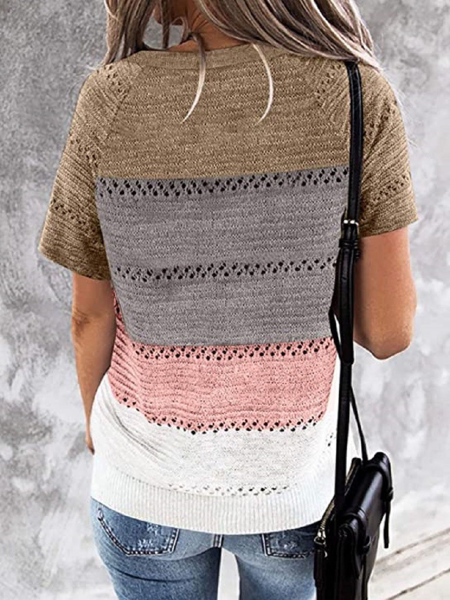 Color-matching Hollow V-neck Knitted T-shirt - T-shirts - INS | Online Fashion Free Shipping Clothing, Dresses, Tops, Shoes - 14/07/2021 - 20-30 - color-black