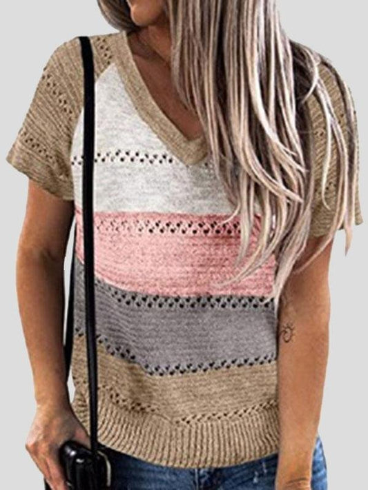 Color-matching Hollow V-neck Knitted T-shirt - T-shirts - INS | Online Fashion Free Shipping Clothing, Dresses, Tops, Shoes - 14/07/2021 - 20-30 - color-black