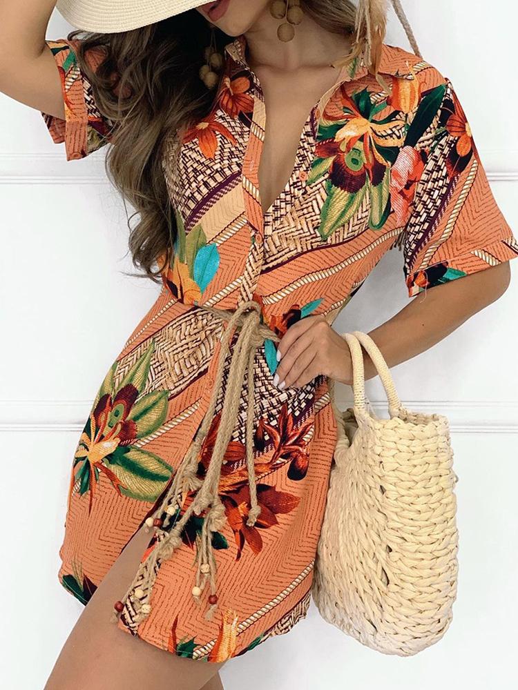 Color Print Shirt Dress With Belt - Mini Dresses - INS | Online Fashion Free Shipping Clothing, Dresses, Tops, Shoes - 09/06/2021 - Category_Mini Dresses - DRE2106090221
