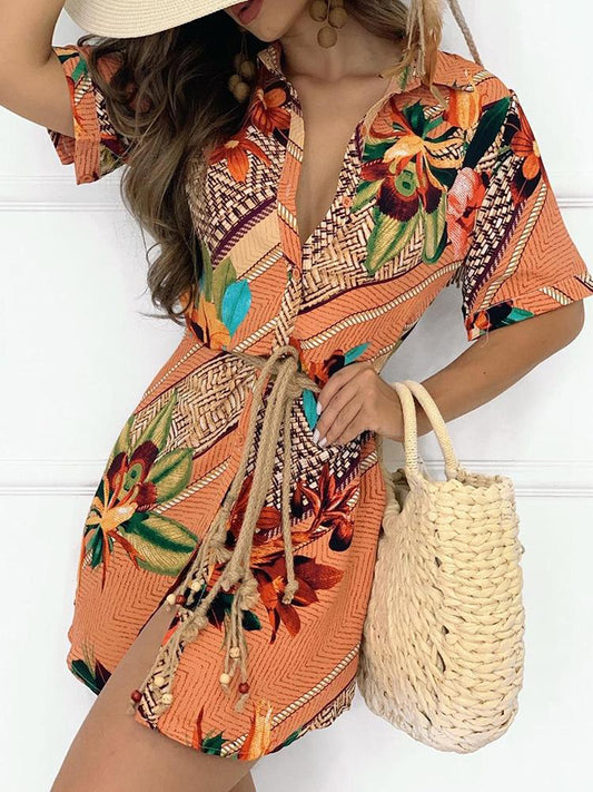 Color Print Shirt Dress With Belt - Mini Dresses - INS | Online Fashion Free Shipping Clothing, Dresses, Tops, Shoes - 09/06/2021 - Category_Mini Dresses - DRE2106090221