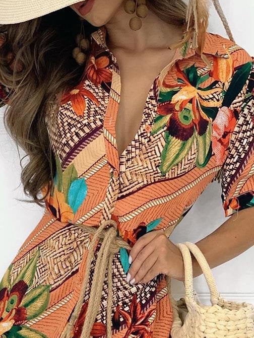 Color Print Shirt Dress With Belt - Mini Dresses - INS | Online Fashion Free Shipping Clothing, Dresses, Tops, Shoes - 09/06/2021 - Category_Mini Dresses - DRE2106090221