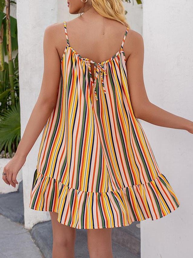 Color Striped Print Ruffle Hem Suspender Dress - Mini Dresses - INS | Online Fashion Free Shipping Clothing, Dresses, Tops, Shoes - 09/04/2021 - Color_Red - Color_Rose Red