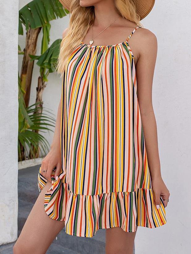 Color Striped Print Ruffle Hem Suspender Dress - Mini Dresses - INS | Online Fashion Free Shipping Clothing, Dresses, Tops, Shoes - 09/04/2021 - Color_Red - Color_Rose Red