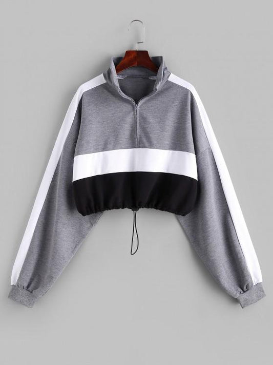 Colorblock Half Zip Toggle Drawstring Sweatshirt - INS | Online Fashion Free Shipping Clothing, Dresses, Tops, Shoes