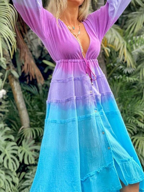 Colorblock Long Sleeve Deep V Midi Dress - Midi Dresses - INS | Online Fashion Free Shipping Clothing, Dresses, Tops, Shoes - 16/06/2021 - 40-50 - Category_Midi Dresses