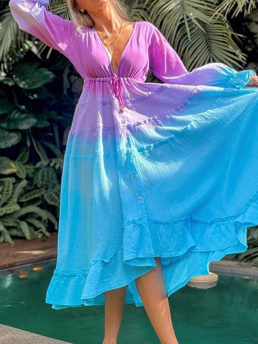 Colorblock Long Sleeve Deep V Midi Dress - Midi Dresses - INS | Online Fashion Free Shipping Clothing, Dresses, Tops, Shoes - 16/06/2021 - 40-50 - Category_Midi Dresses