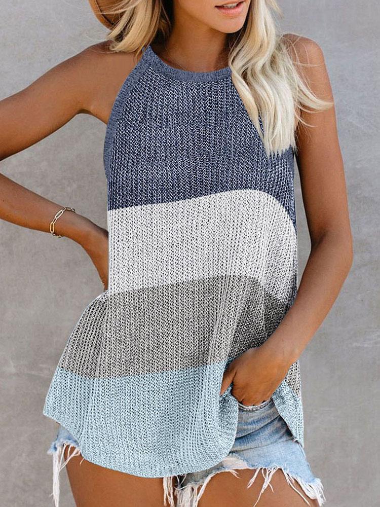 Colorblock Plain Knitted U-Neck Sleeveless Top - Tank Tops - INS | Online Fashion Free Shipping Clothing, Dresses, Tops, Shoes - 27/04/2021 - Color_Coffe - Color_Dark Blue
