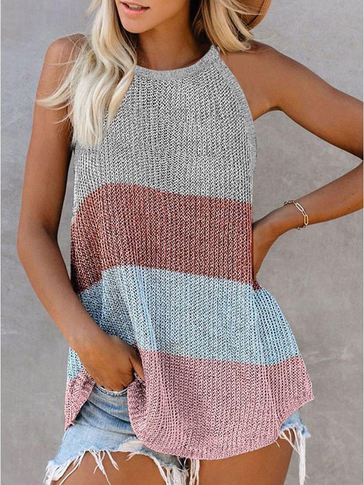 Colorblock Plain Knitted U-Neck Sleeveless Top - Tank Tops - INS | Online Fashion Free Shipping Clothing, Dresses, Tops, Shoes - 27/04/2021 - Color_Coffe - Color_Dark Blue
