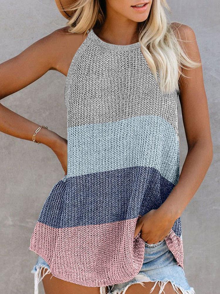 Colorblock Plain Knitted U-Neck Sleeveless Top - Tank Tops - INS | Online Fashion Free Shipping Clothing, Dresses, Tops, Shoes - 27/04/2021 - Color_Coffe - Color_Dark Blue