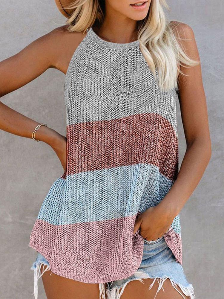 Colorblock Plain Knitted U-Neck Sleeveless Top - Tank Tops - INS | Online Fashion Free Shipping Clothing, Dresses, Tops, Shoes - 27/04/2021 - Color_Coffe - Color_Dark Blue