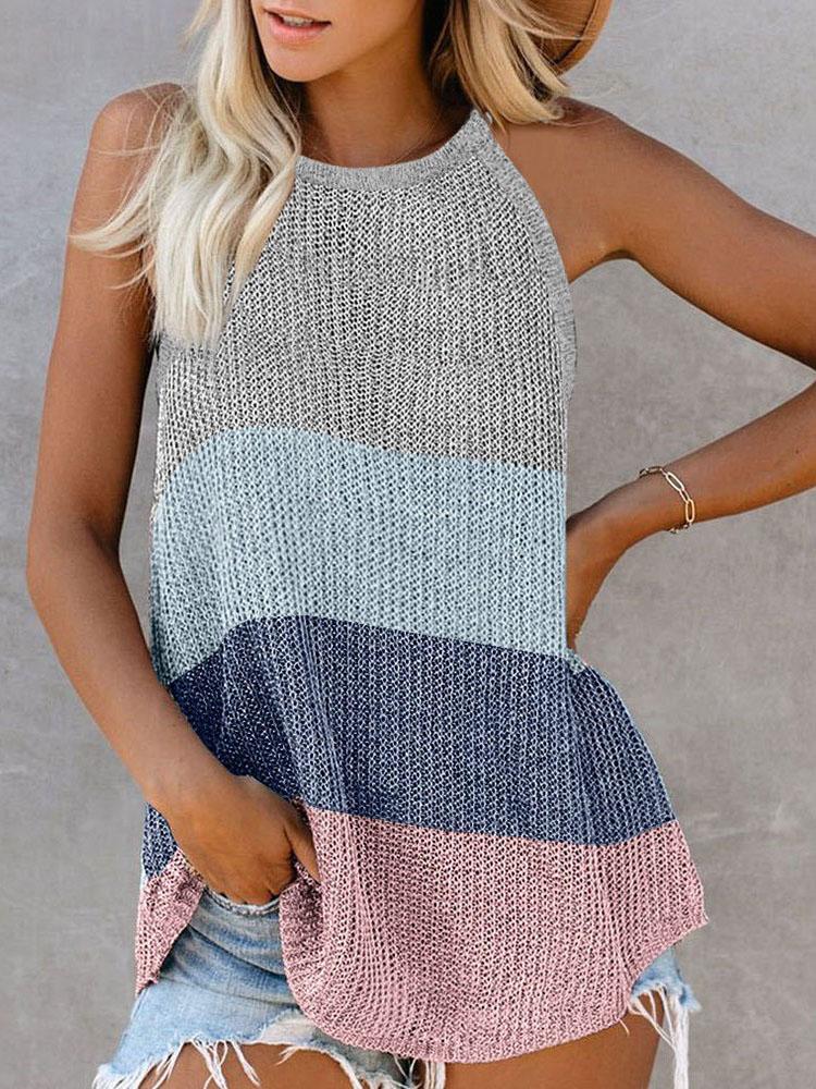 Colorblock Plain Knitted U-Neck Sleeveless Top - Tank Tops - INS | Online Fashion Free Shipping Clothing, Dresses, Tops, Shoes - 27/04/2021 - Color_Coffe - Color_Dark Blue