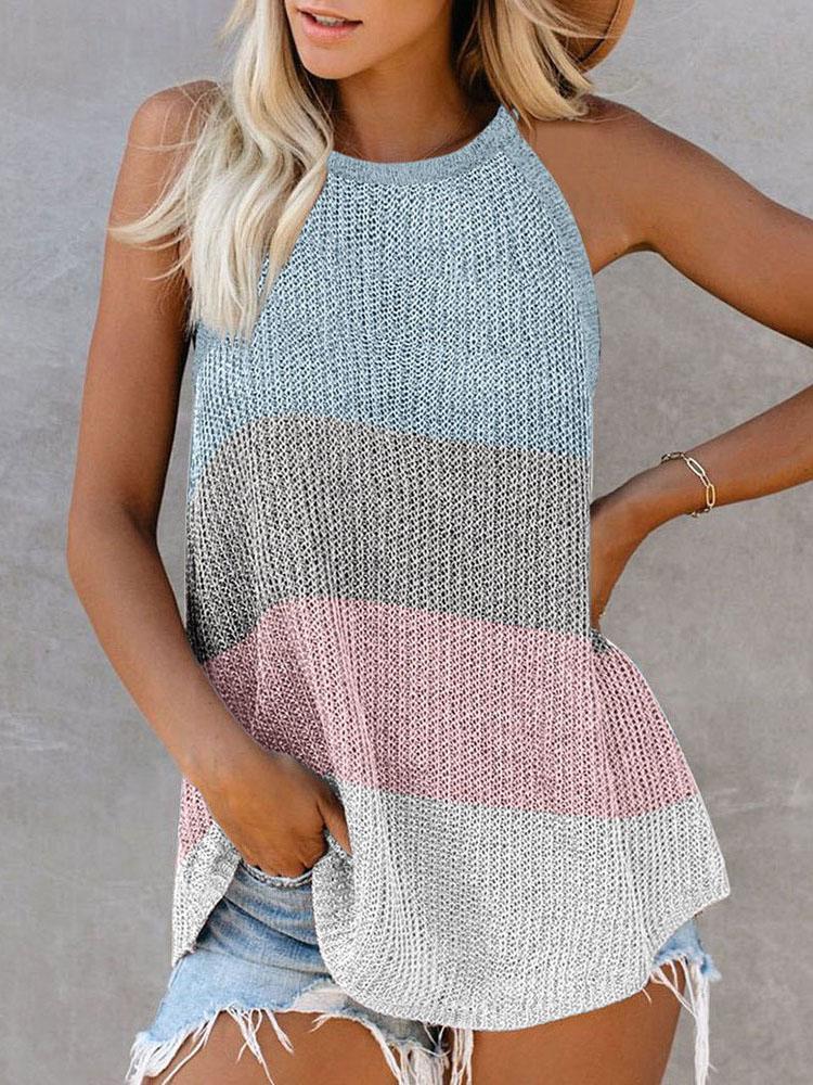 Colorblock Plain Knitted U-Neck Sleeveless Top - Tank Tops - INS | Online Fashion Free Shipping Clothing, Dresses, Tops, Shoes - 27/04/2021 - Color_Coffe - Color_Dark Blue