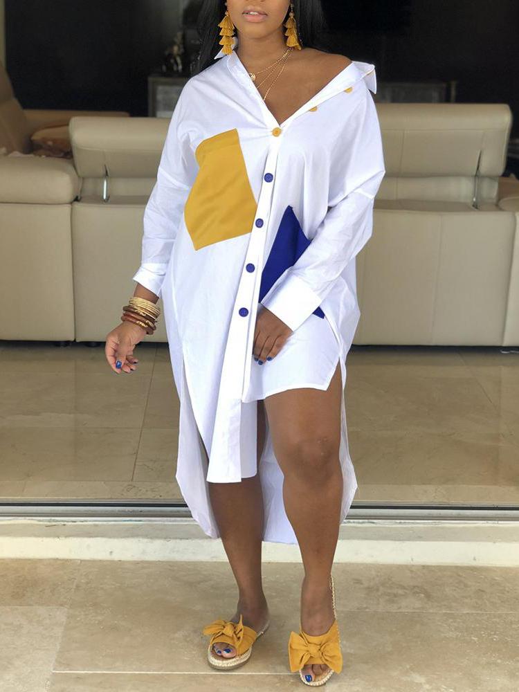 Colorblock Pocket Design Irregular Shirt Dress - Shirt Dresses - INS | Online Fashion Free Shipping Clothing, Dresses, Tops, Shoes - 29/04/2021 - Category_Shirt Dresses - Color_White