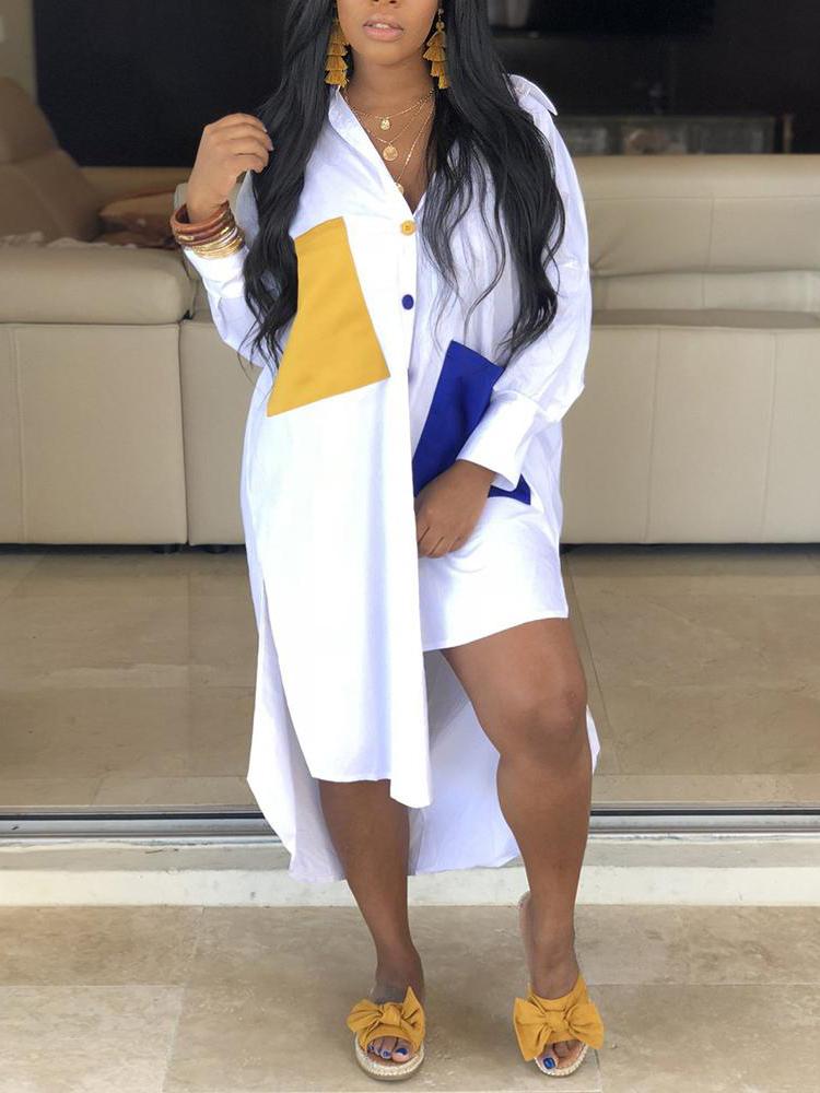 Colorblock Pocket Design Irregular Shirt Dress - Shirt Dresses - INS | Online Fashion Free Shipping Clothing, Dresses, Tops, Shoes - 29/04/2021 - Category_Shirt Dresses - Color_White