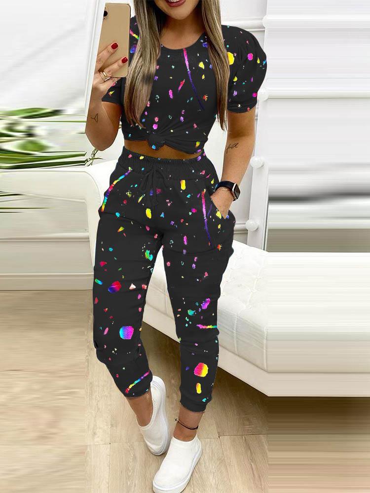 Colorblock Puff Sleeve Crop Top & Pocket Design Drawstring Pants Set - Two-piece Outfits - INS | Online Fashion Free Shipping Clothing, Dresses, Tops, Shoes - 04/05/2021 - Color_Black - SET210504052